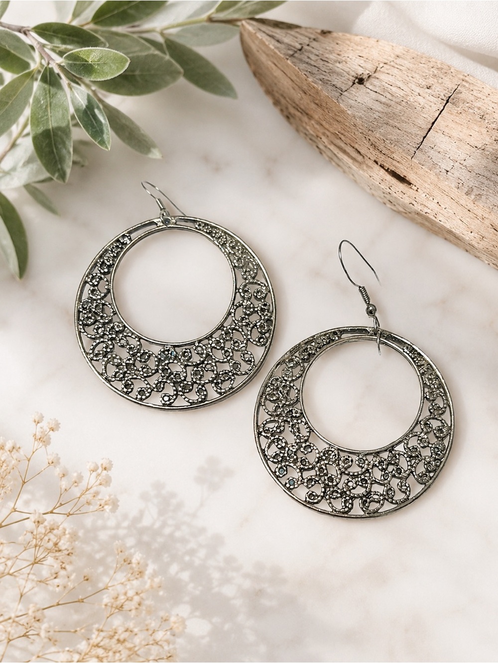 Vintage carved drop loop earrings silver plated jewelry. Unknown origin.